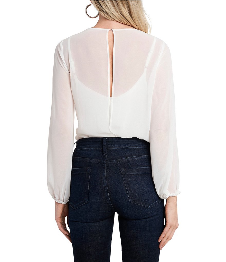 1. STATE Long Sleeve Crew Neck Sheer Mixed Media Bodysuit