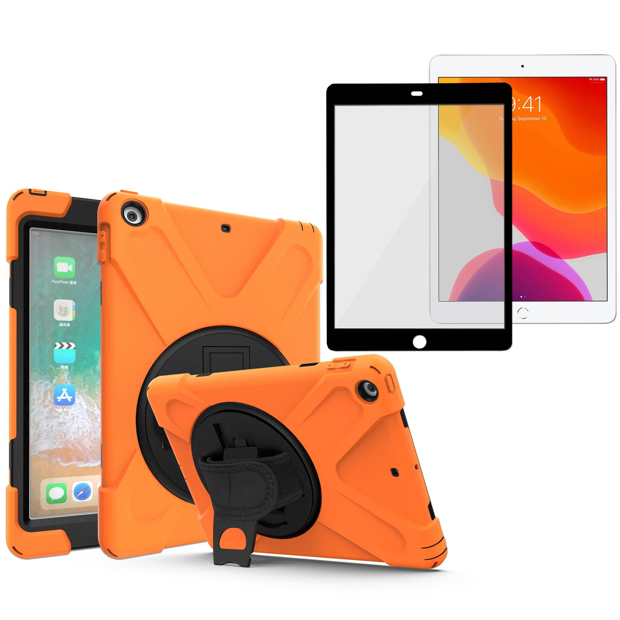 KIQ Shockproof Heavy Duty Shield Case with Impact/Crack/Shatter Resistant Ceramic Screen Protector for Apple iPad 9.7 5th 6th Generation (Orange)