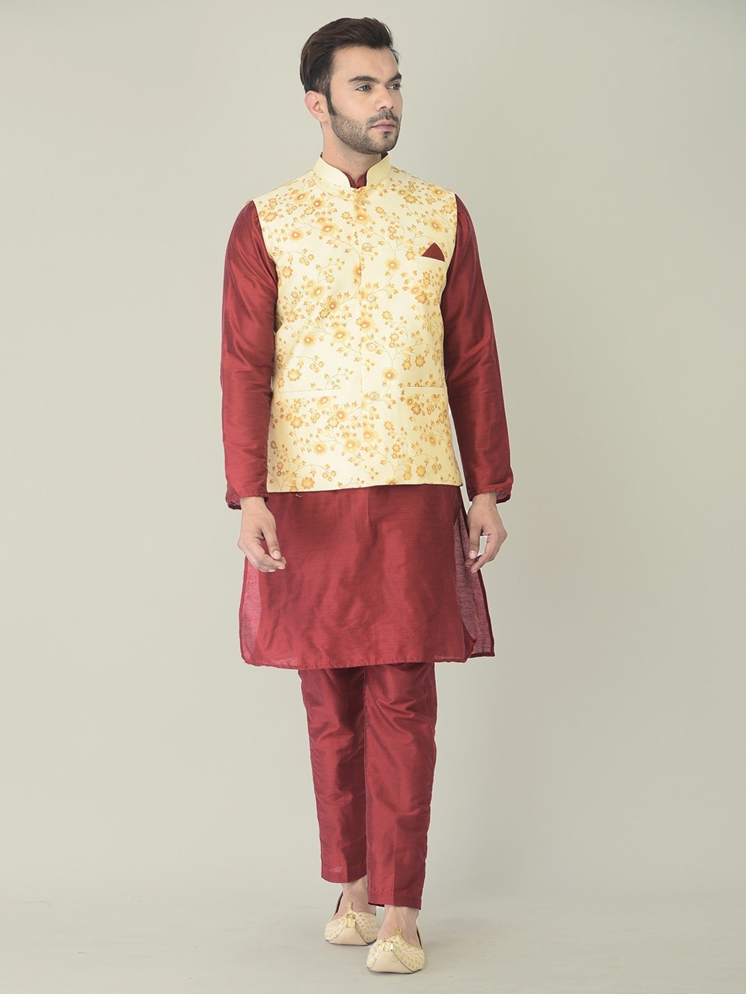 Deyann Maroon & Cream Cotton Regular Fit Printed Kurta Set With Jacket