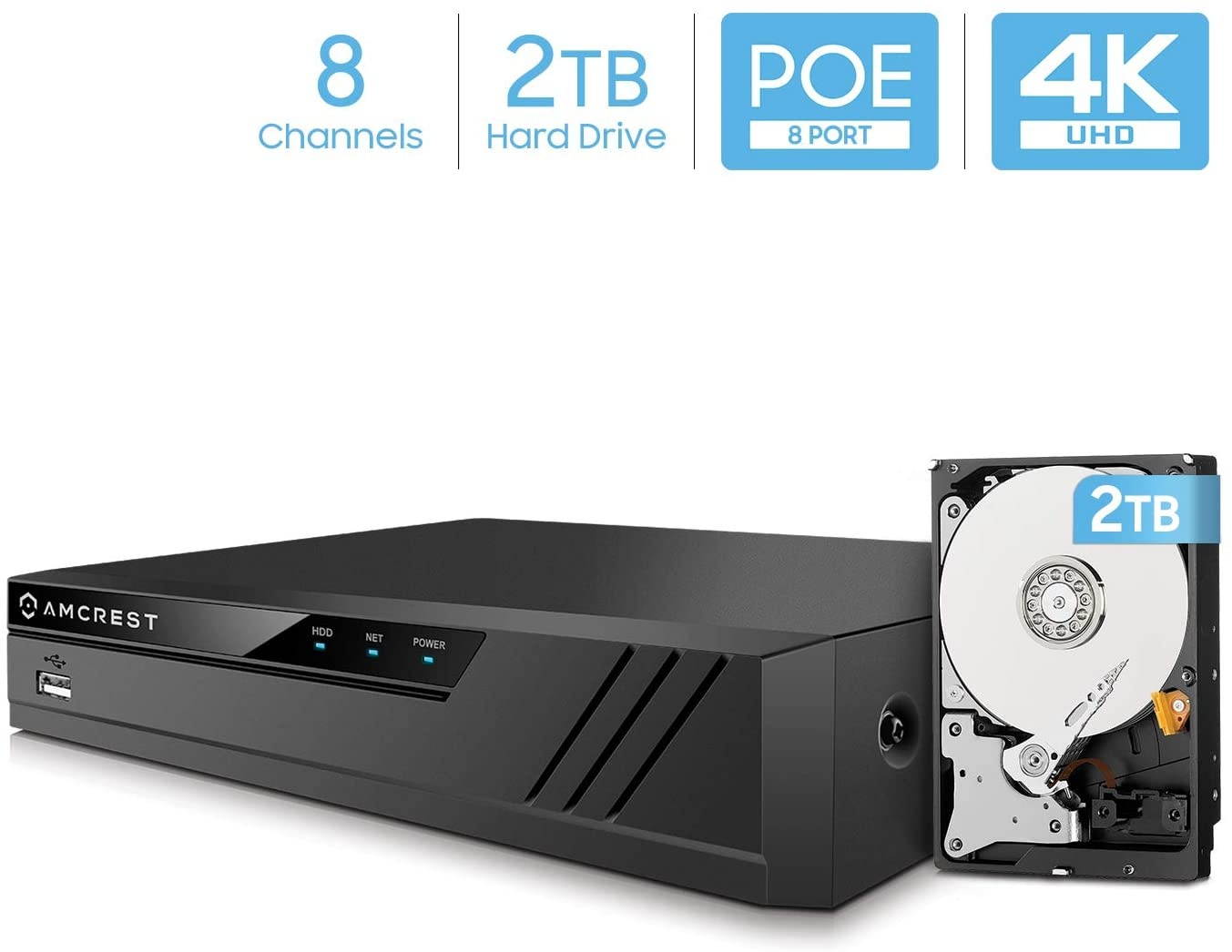 Amcrest 4K Security Camera System w/ 4K 8CH PoE NVR, (4) x 4K (8-Megapixel) IP67 Weatherproof Metal Turret Dome POE IP Cameras (3840x2160), Pre-Installed 2TB HDD, NV4108E-IP8M-T2599EW4-2TB (White)