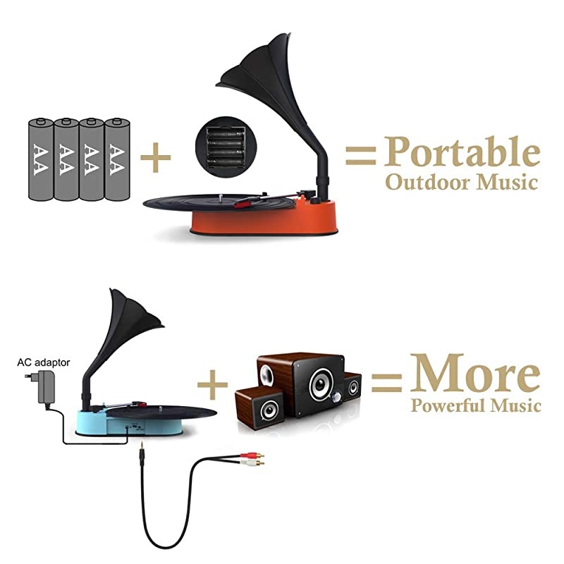 Record Player with Horn Speaker for 3345 RPM RecordsMini Gramophone Supporting Bluetooth Playback Blue