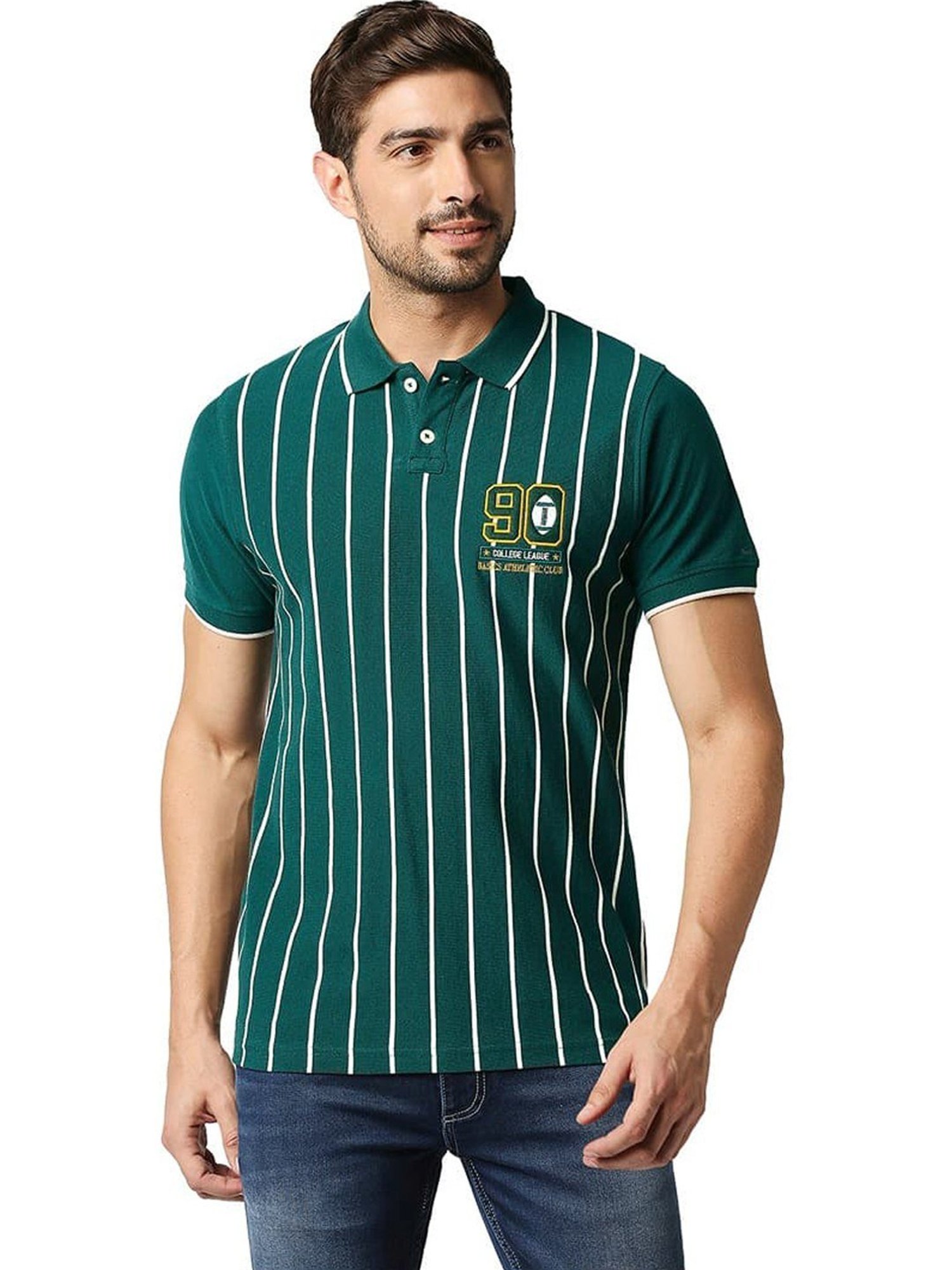 Basics June Bug Cotton Muscle Fit Striped Polo T-Shirt