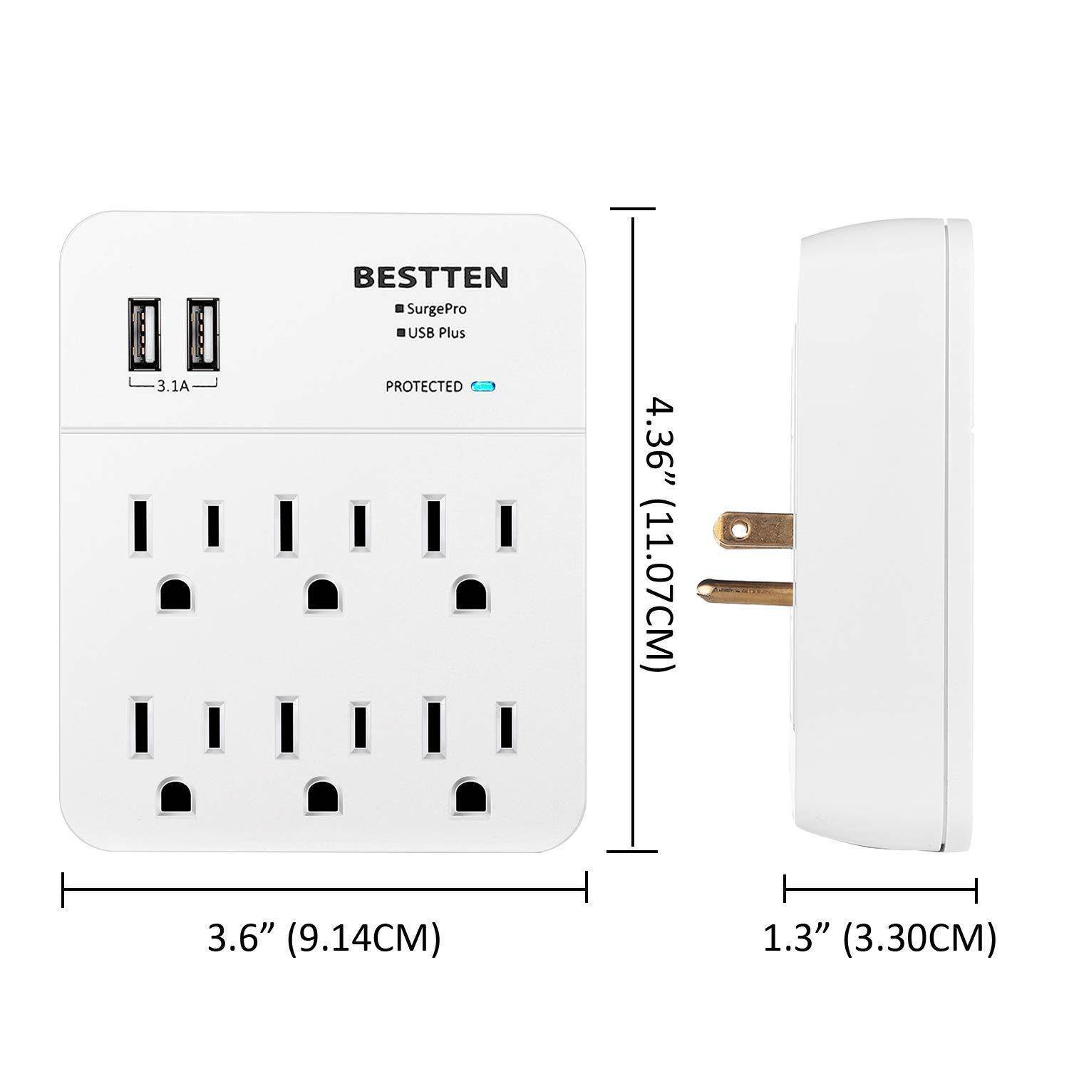 BESTTEN Multi Wall Tap Outlet Adapter Surge Protector with 2 USB Charging Ports (2.4A/Port, 3.1A Total) and 6 Electrical AC Sockets, ETL Certified, White