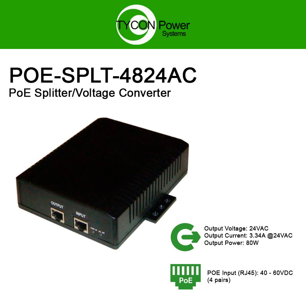 Tycon Power POE-SPLT-4824AC - 48VDC 802.3at Input, 24VAC @ 2.9A 70W Output