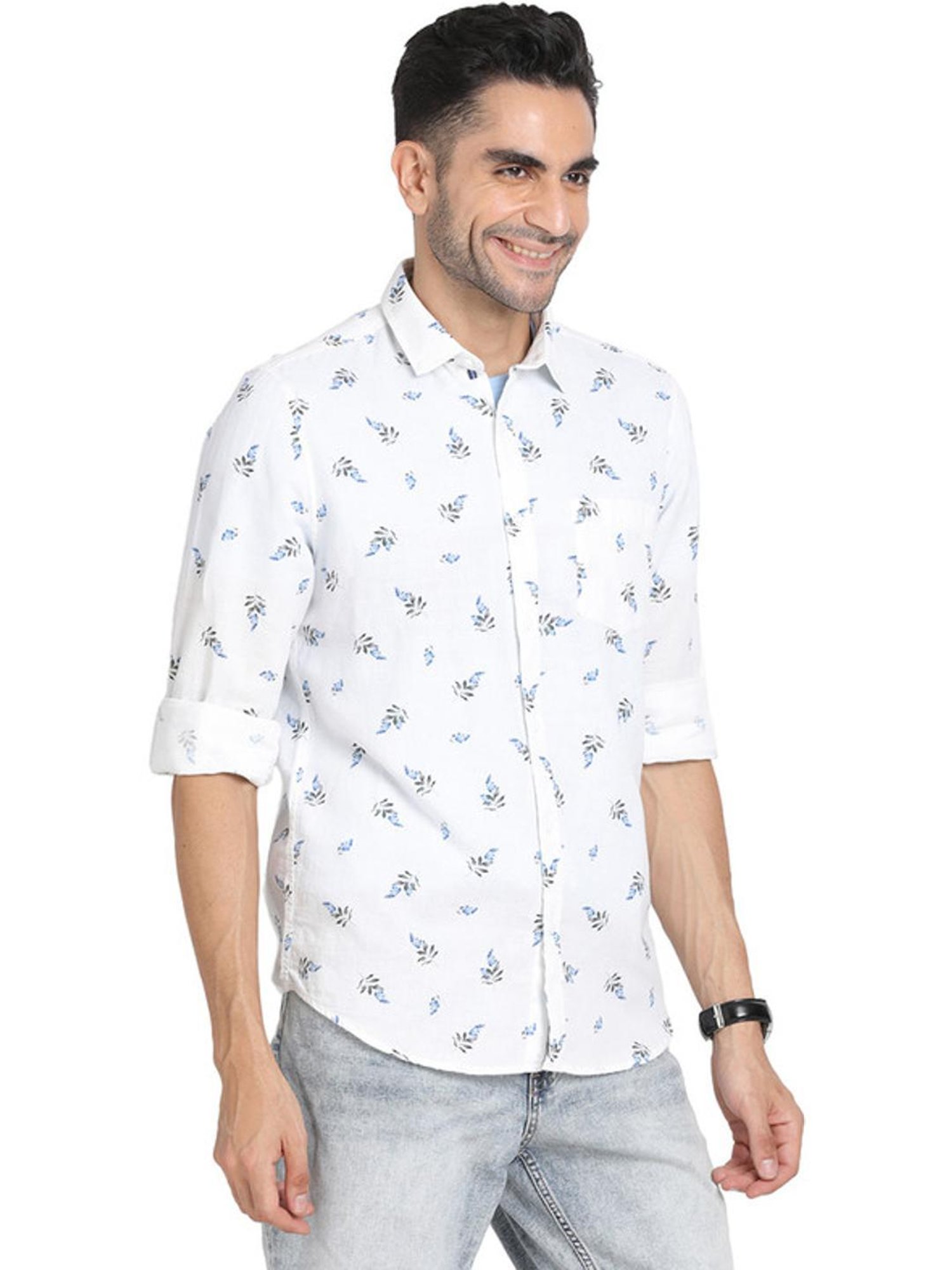 Turtle White Cotton Linen Slim Fit Printed Shirts