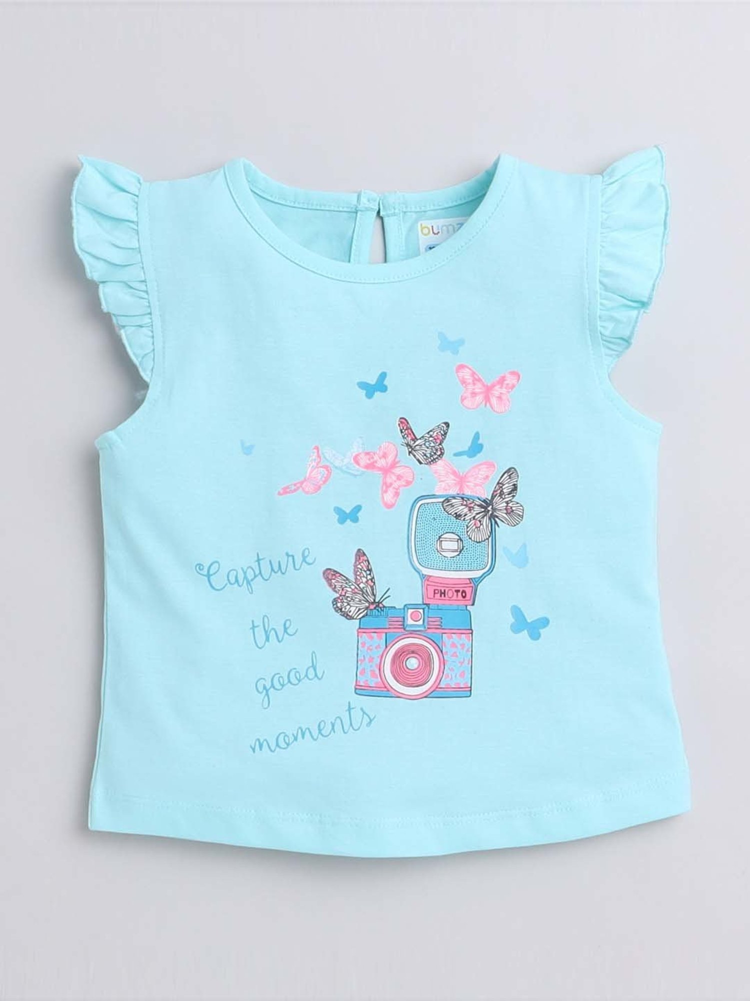 Bumzee Girls Aqua Green & White Cotton Printed T-Shirt Set