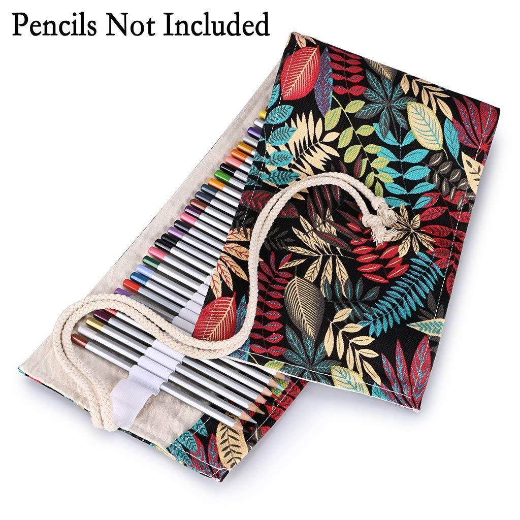 BTSKY Canvas Colored Pencil Wrap 72 Slot-Adult Coloring Pencil Holder Orgnizer for 72 Colored Pencils, NO Pencils (Leaf)