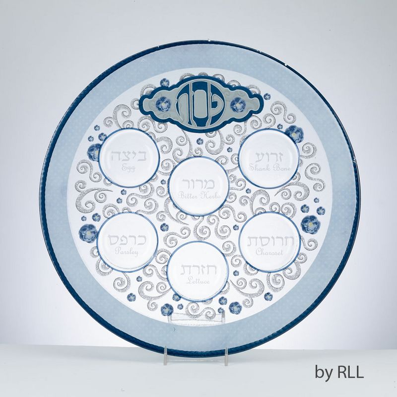 Rite Lite 12" Elegant Glass Passover Seder Round Plate - Blue/Gray