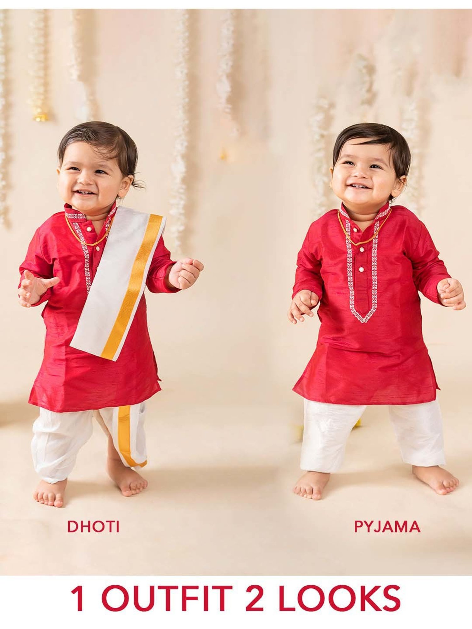 Baby Moo Kids Red & White Regular Fit Full Sleeves Kurta Set