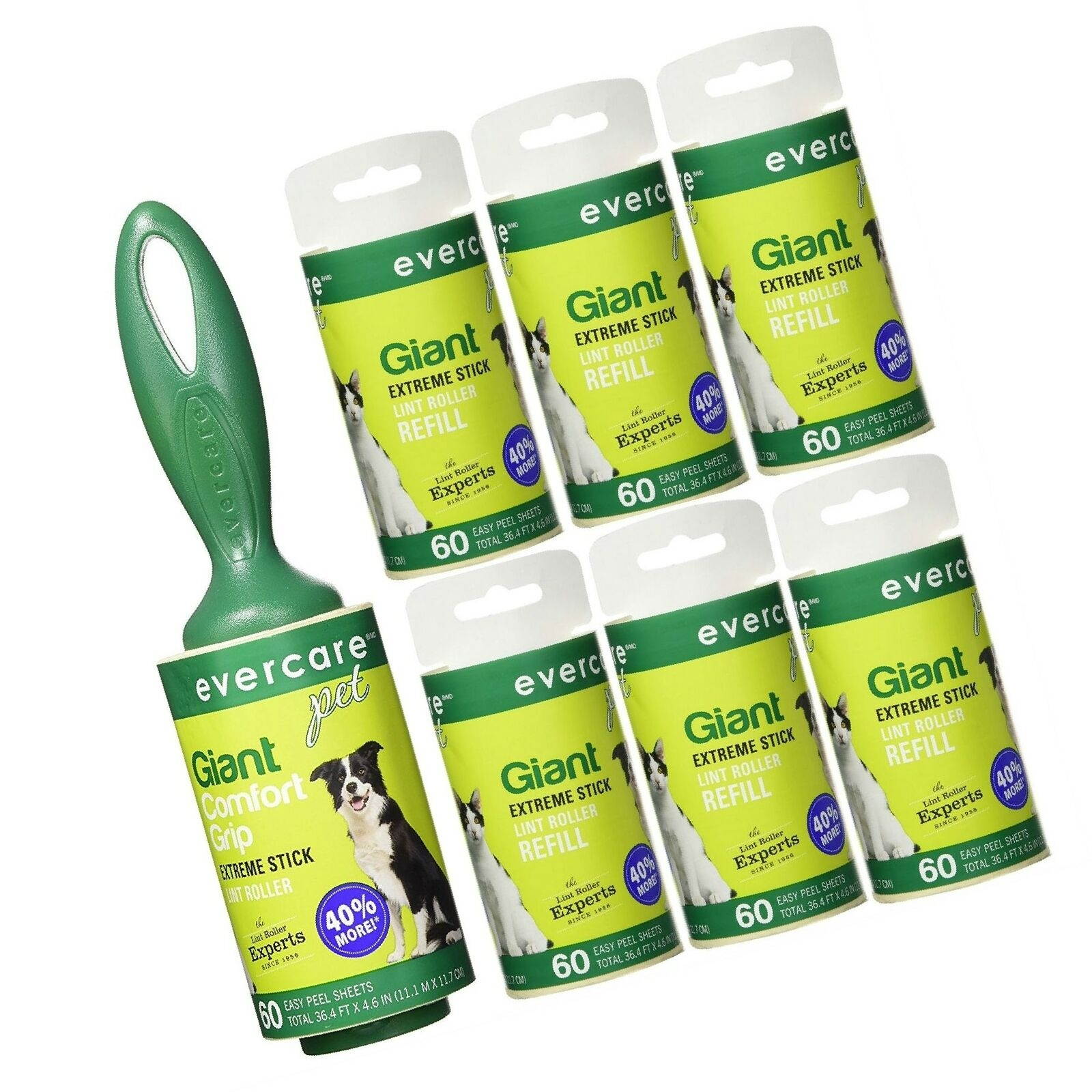 Evercare Pet Bundle  Giant Pet Roller REFILLS - 6 Pack, Dark Green