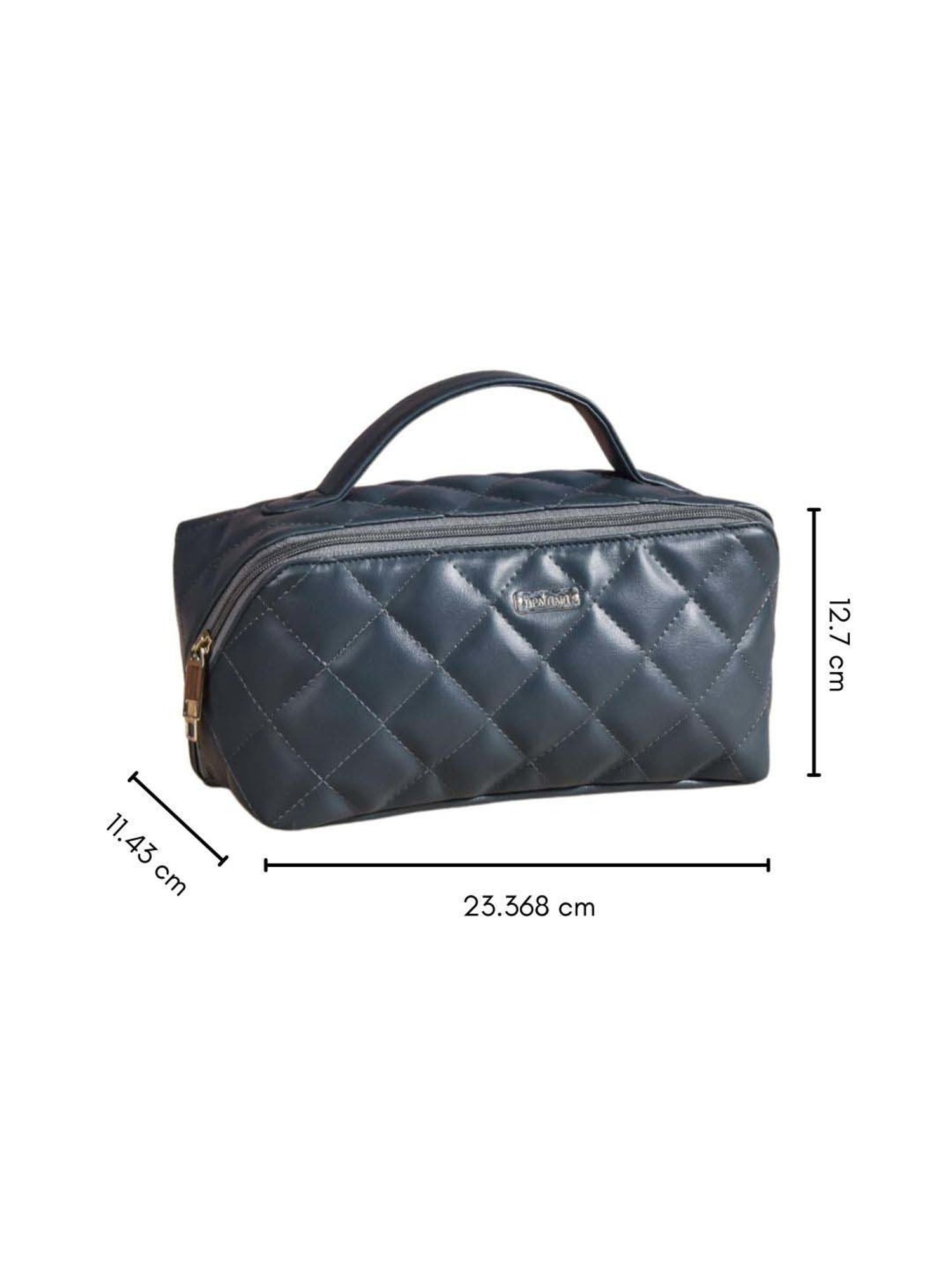 Nestasia Quilted Vegan Leather Blue Color Diagonal Zipper Cosmetic Bag with Multiple Pockets