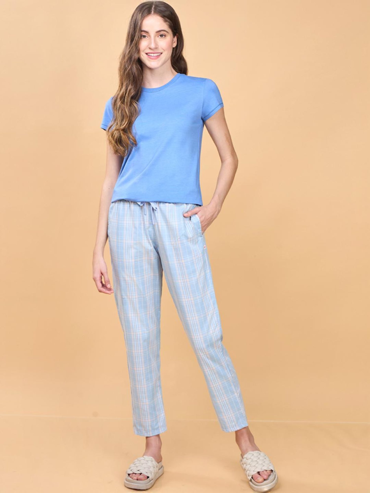 Enamor Brunnera Blue Cotton Chequered Lounge Track Pants