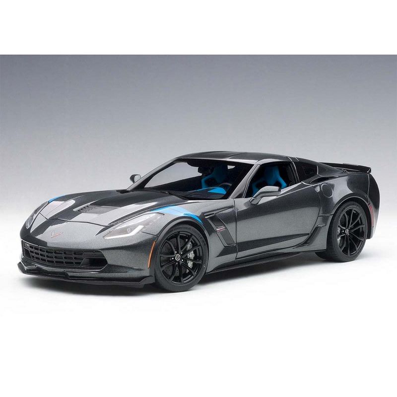 2017 Chevrolet Corvette C7 Grand Sport Grey Metallic w/ Black Stripe & Blue Fender Hash Marks 1/18 Model Car by Autoart