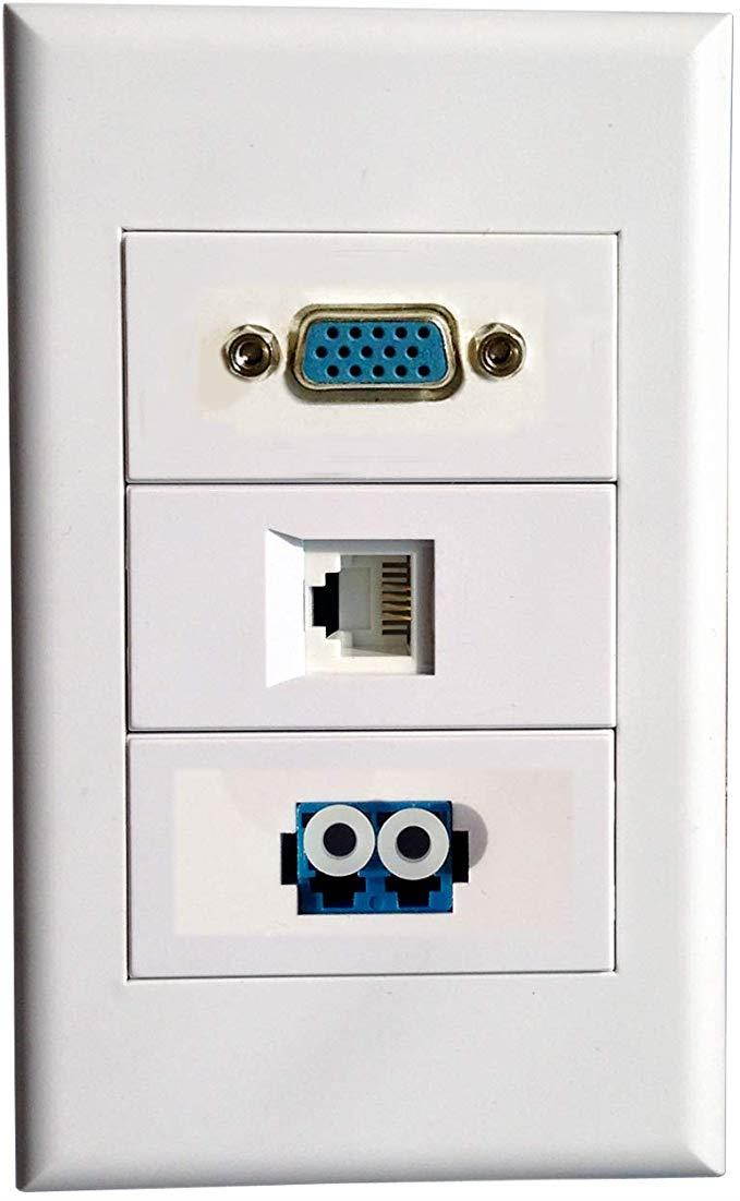 Wall Faceplate with VGA + RJ11 + LC Ports,Fiber Optic Telephone Keystone Ethernet Keystone Module White Wall Mount Plate Panel Type#118