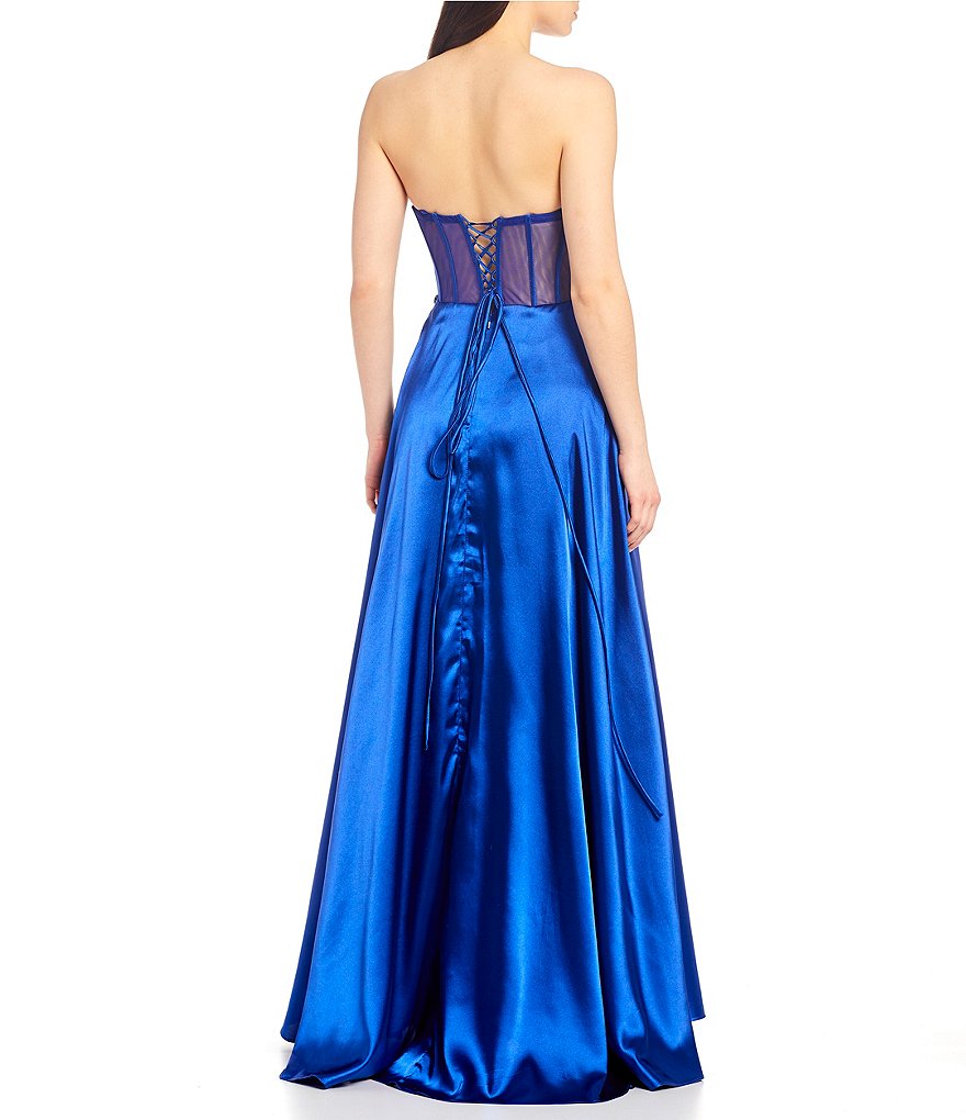 Blondie Nites Strapless Lace-Up Back Embroidered Corset Bodice Satin Ball Gown