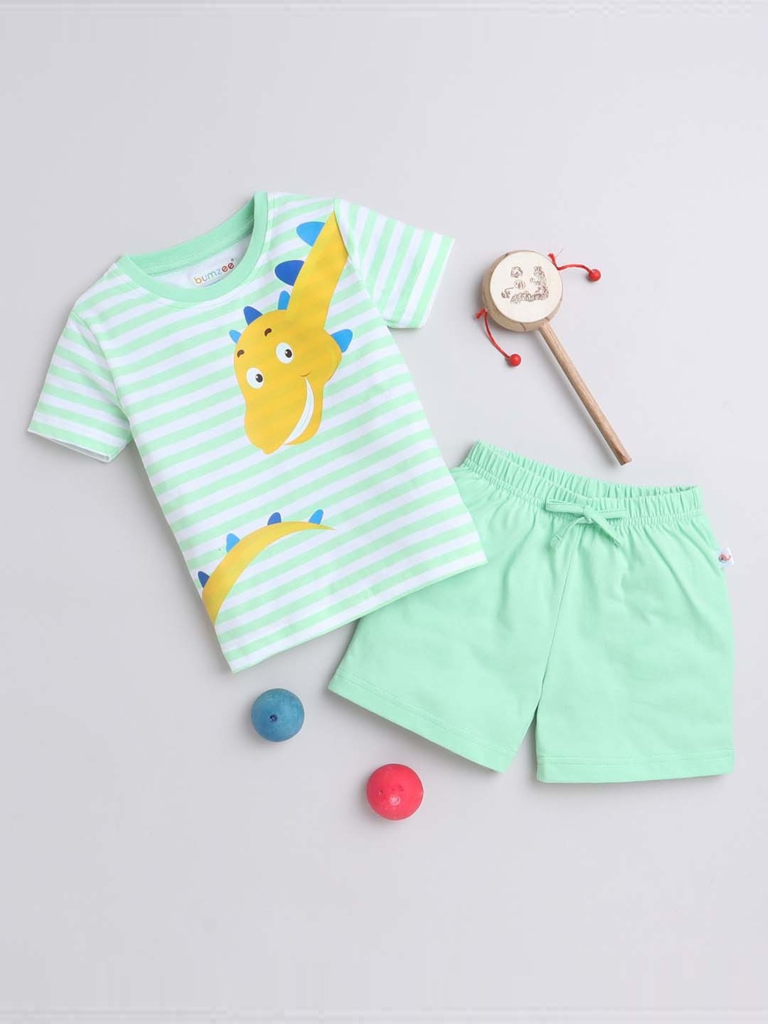 Bumzee Kids Mint Green & Yellow Cotton Printed T-Shirt Set