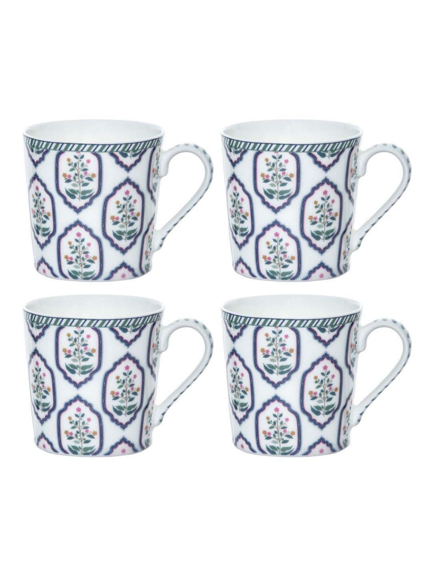 Goodhomes White & Blue Bone China Coffee Mug (0.32 L) - Set of 4