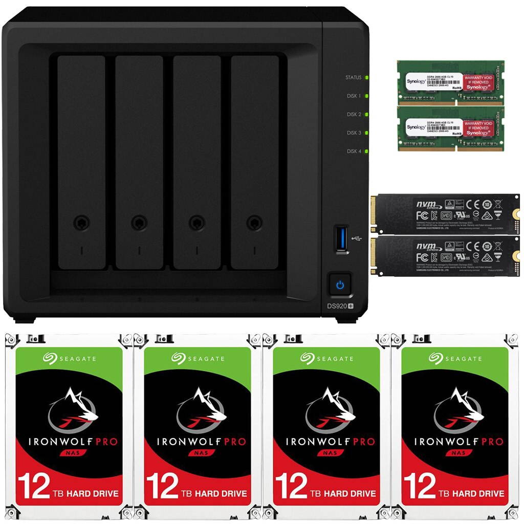 Synology DS920+ DiskStation with 8GB RAM and 48TB (4 x 12TB) of Seagate Ironwolf PRO Drives and 1TB (2x500GB) NVMe Cache Fully Assembled and Tested By CustomTechSales