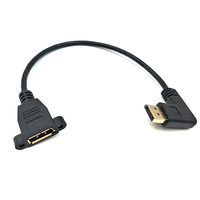 DP to DP Cable 12inch 30cm Left Angle 90 Degree Displayport DP Male to DisplayPort DP Female with Screw Hole Panel Mount for Audio and Video Extension Cable