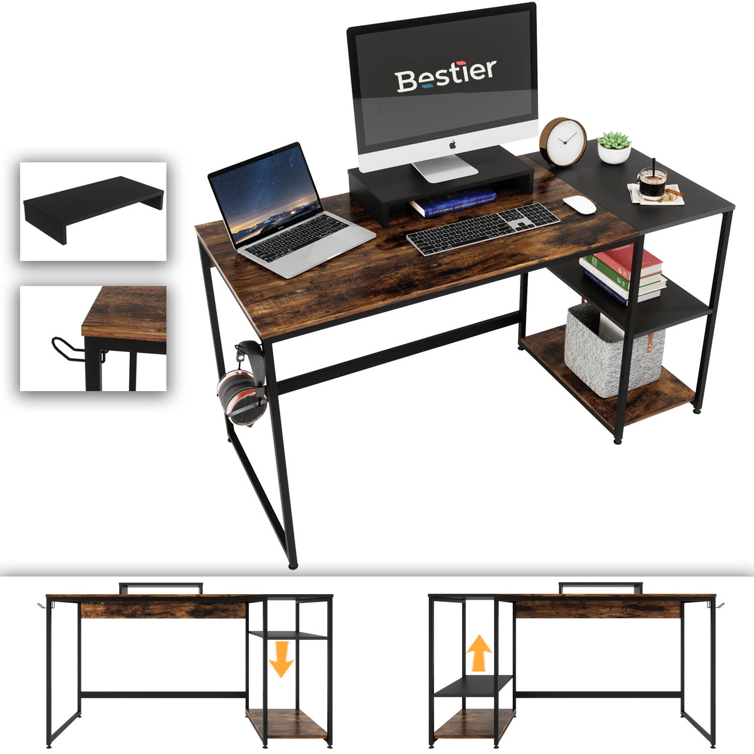 Bestier 55 Inch Home Desks with Monitor Stand & Storage Shelves, Sturdy Rustic Desk, Home Office Laptop Desk, Easy to Assemble, Rustic Brown & Black