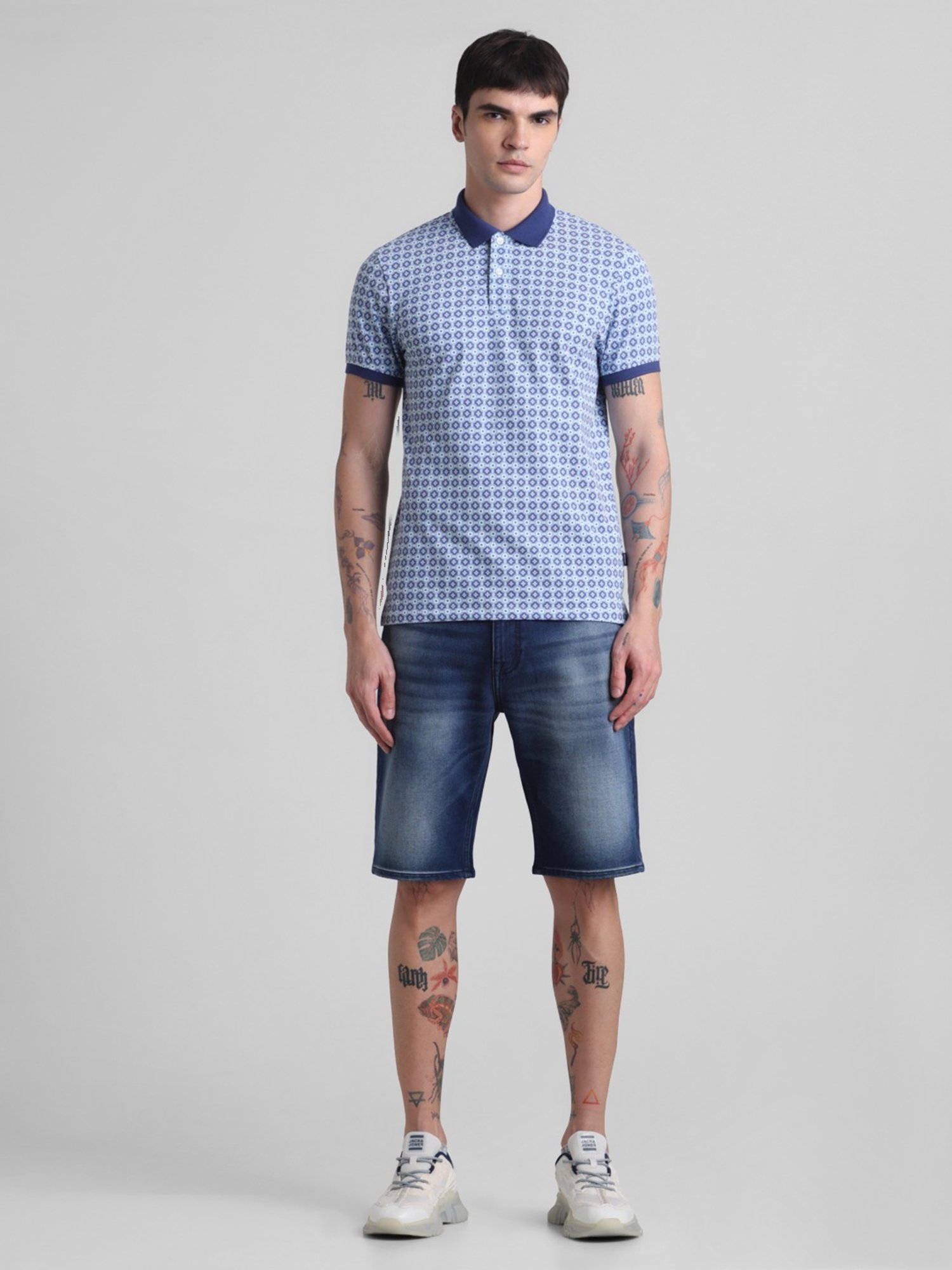 Jack & Jones Cloud Dancer Cotton Slim Fit Printed Polo T-Shirt
