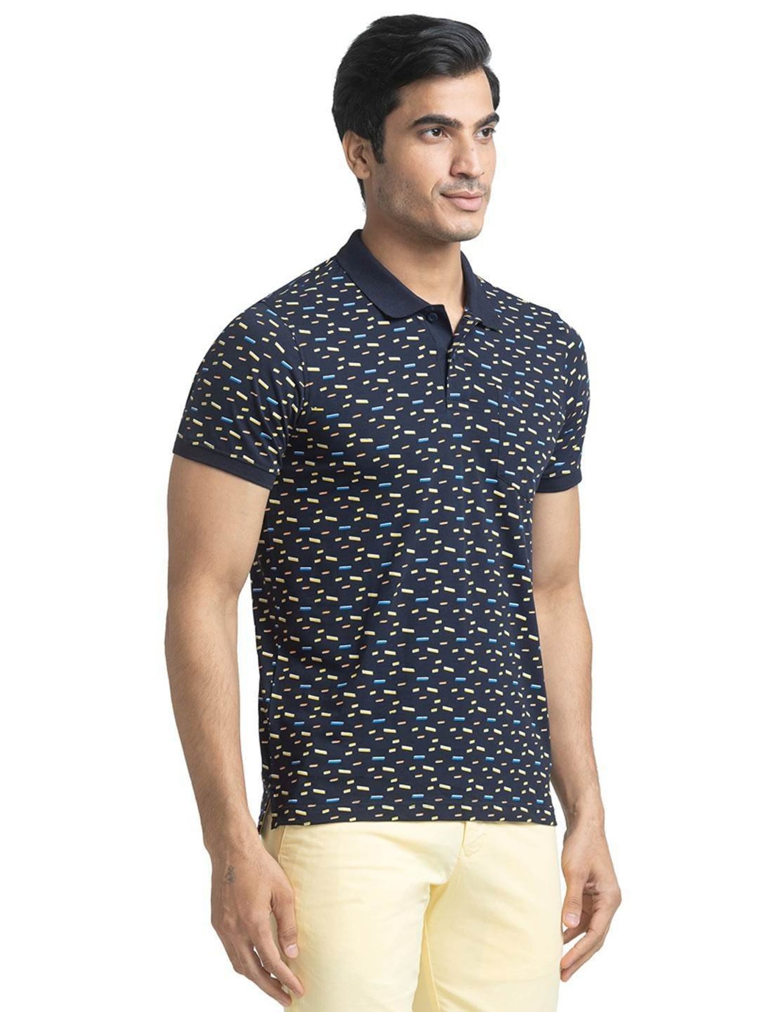 Parx Blue Cotton Regular Fit Printed Polo T-Shirt