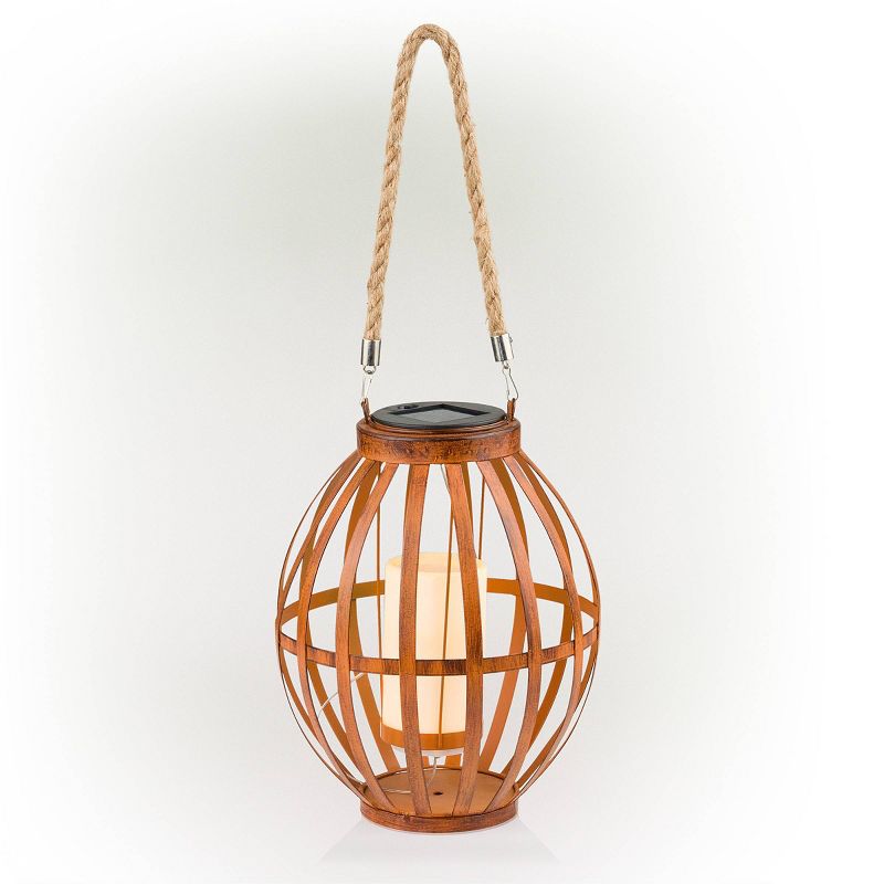 Alpine 10" Solar Metal Lantern with Flickering LED Light Brown