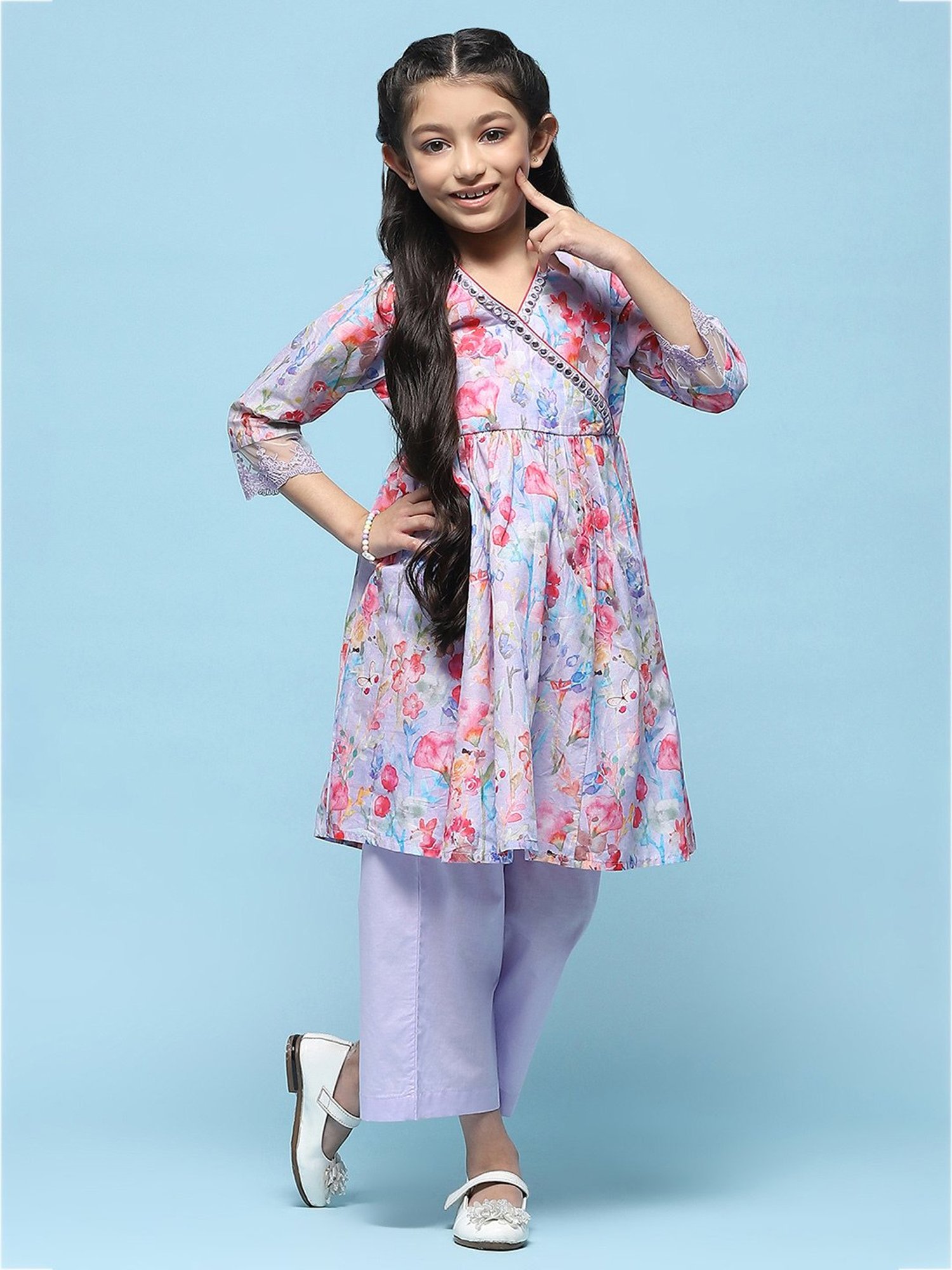 BIBA Girls Purple Floral Print Kurta with Pants