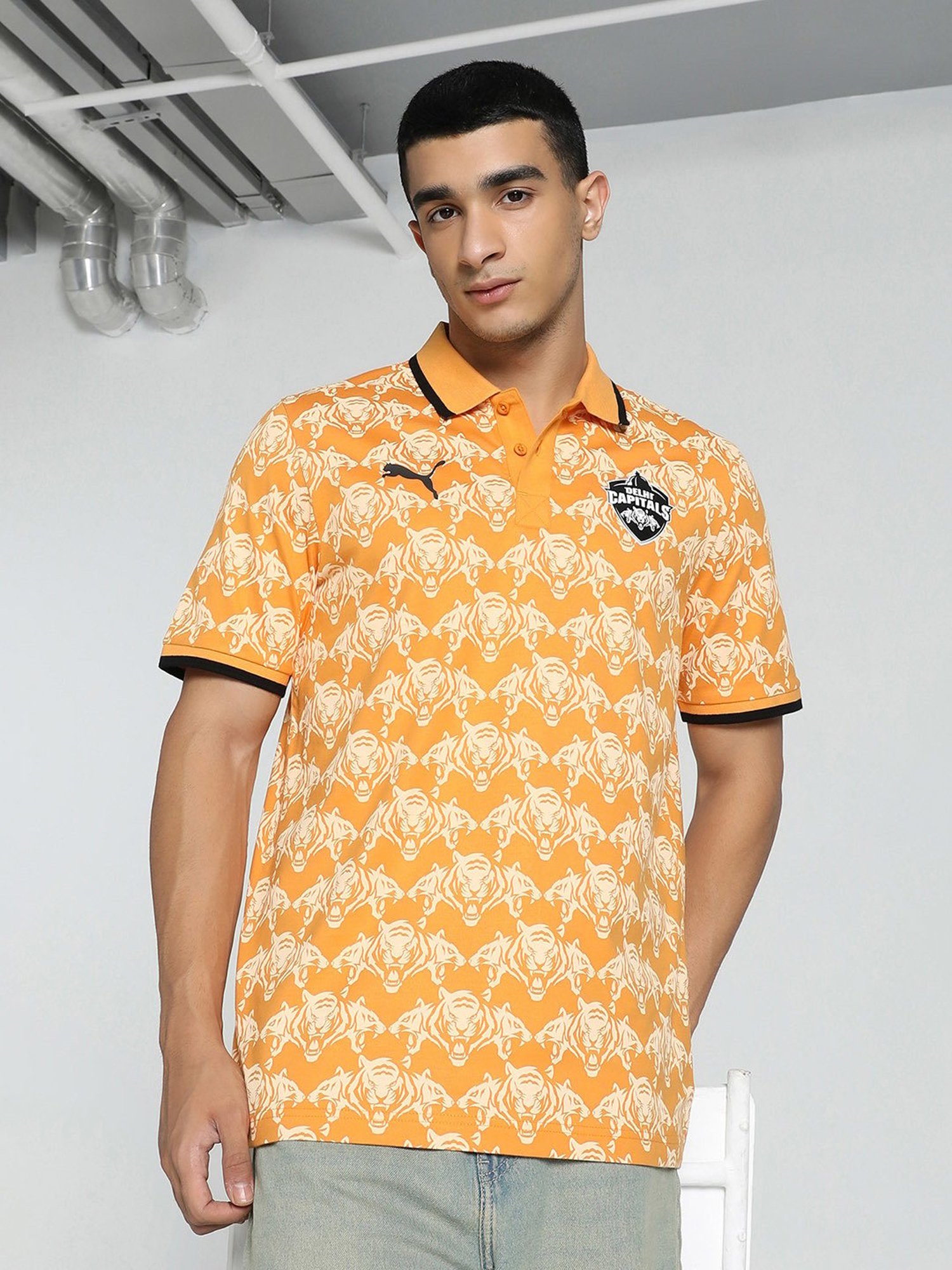 Puma x DC Orange Slim Fit Cotton Cricket Polo T-Shirt