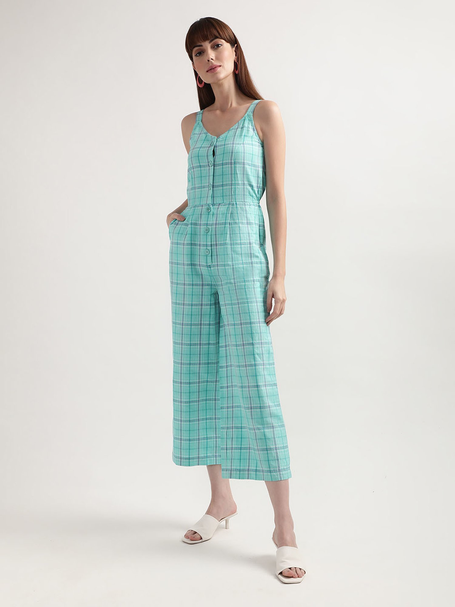 Elle Turquoise Linen Checks Jumpsuit