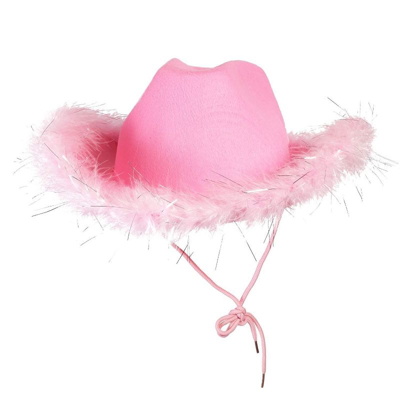 Juvolicious Western Felt Cowboy Hat for Adults with Pink Feathers, Halloween Party Hat, 12 x 15 x 4.5 in
