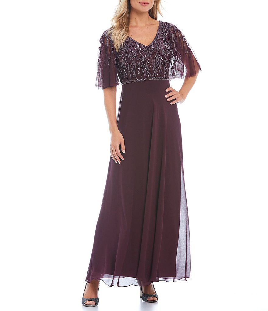 Jkara V-Neck Beaded Bodice Short Flutter Sleeve Gown
