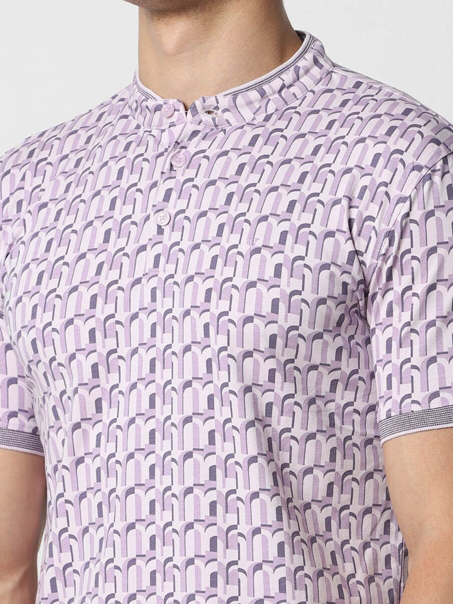 V Dot Lilac Cotton Slim Fit Printed Henley T-Shirt