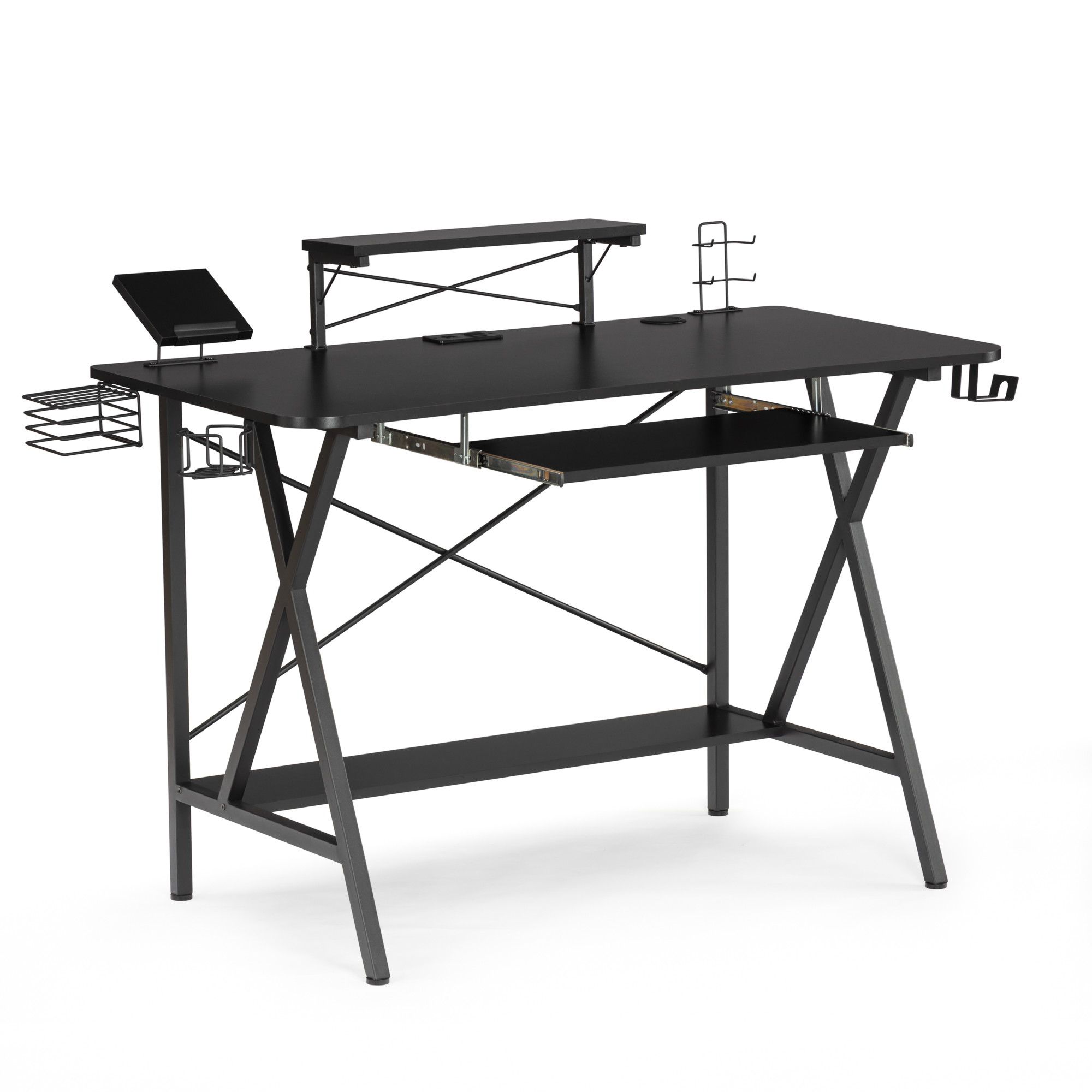 47 Inch Gaming Desk with Storage Rolling Keyboard Tray Monitor Stand - 47'' E-Sports Computer Game Desk - Large Ergonomic Gamer Table - Home Office Workstation with Shelf for PC Laptop Gears (Black)