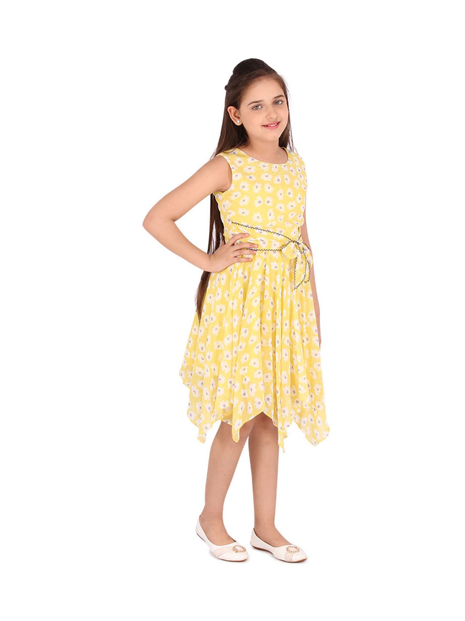 Cutecumber Kids Yellow Floral Print Dress with Belt