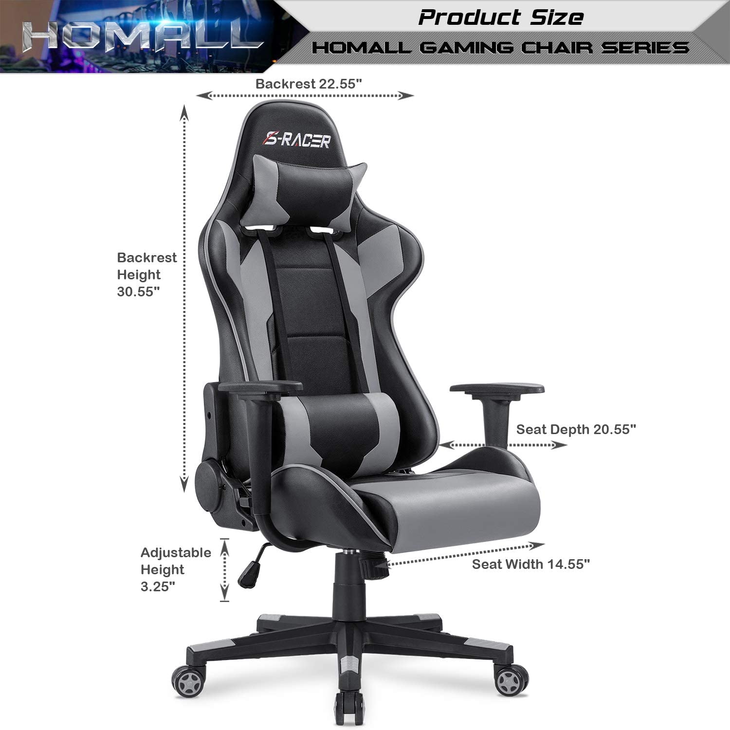 Homall Gaming Chair Office Chair High Back Computer Chair PU Leather Desk Chair Racing Executive Ergonomic Swivel Task Chair, Seat Height Adjustable, with Headrest and Lumbar Support (Blue)