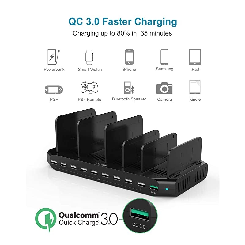Fast Charging Station with Quick Charge 30 Multi USB Charger Station for Multiple Devices iPhone iPad Tablet KindleBlackUL Certified