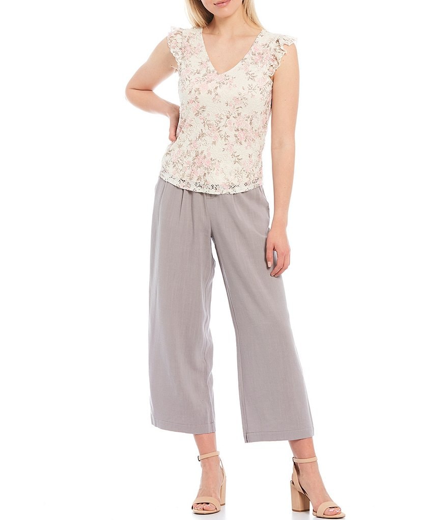 Shabby Chic Loa Floral Rose Print Corded Stretch Lace V-Neck Sleeveless Top