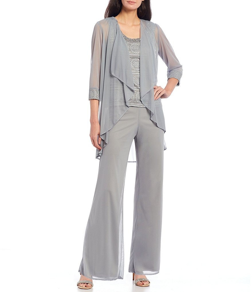 R & M Richards Glitter Chiffon Lace Duster 3-Piece Pant Set