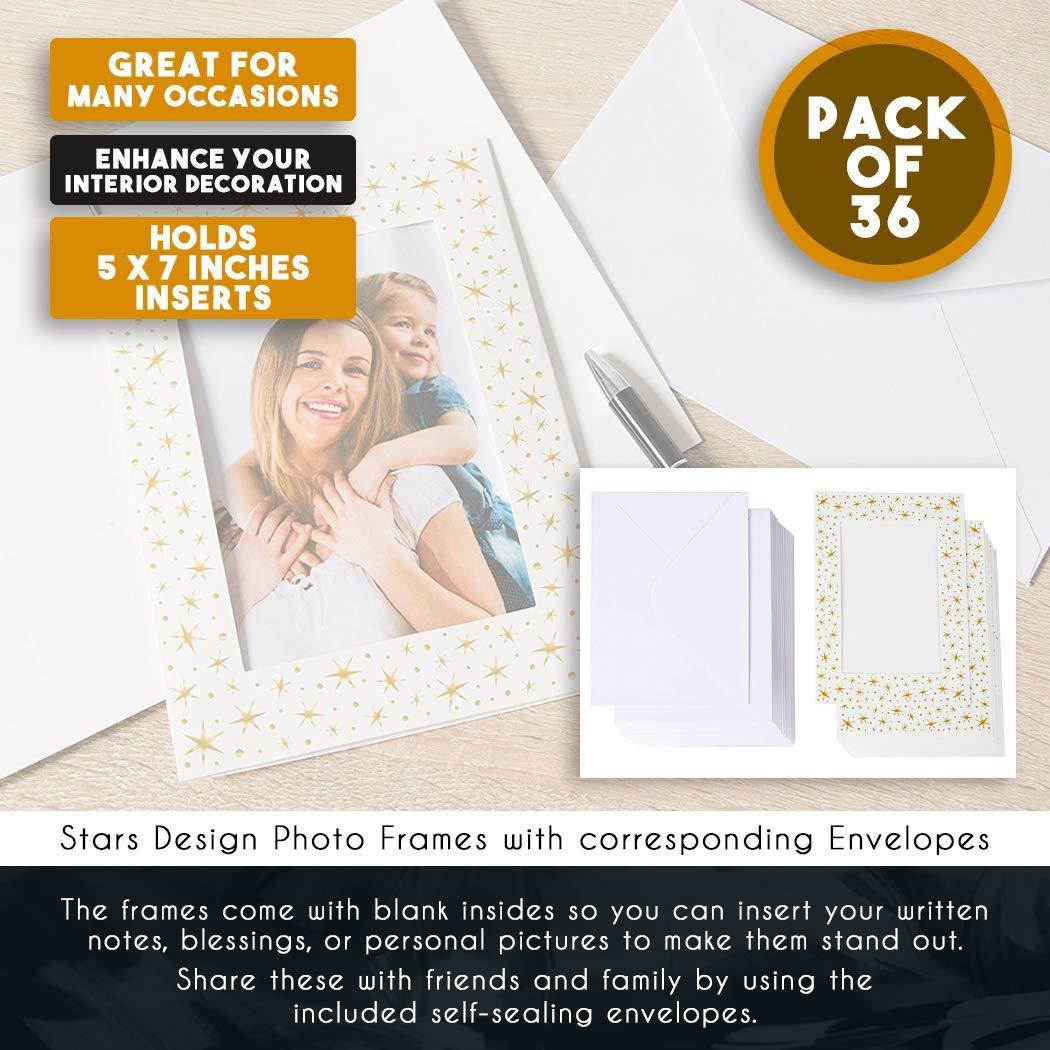 36-Pack Photo Insert Note Cards - Includes Paper Picture Frames Envelopes - Gold Stars Design Photo Mats, Photo Insert Greeting Cards, Holds 5 x 7 Inches Inserts
