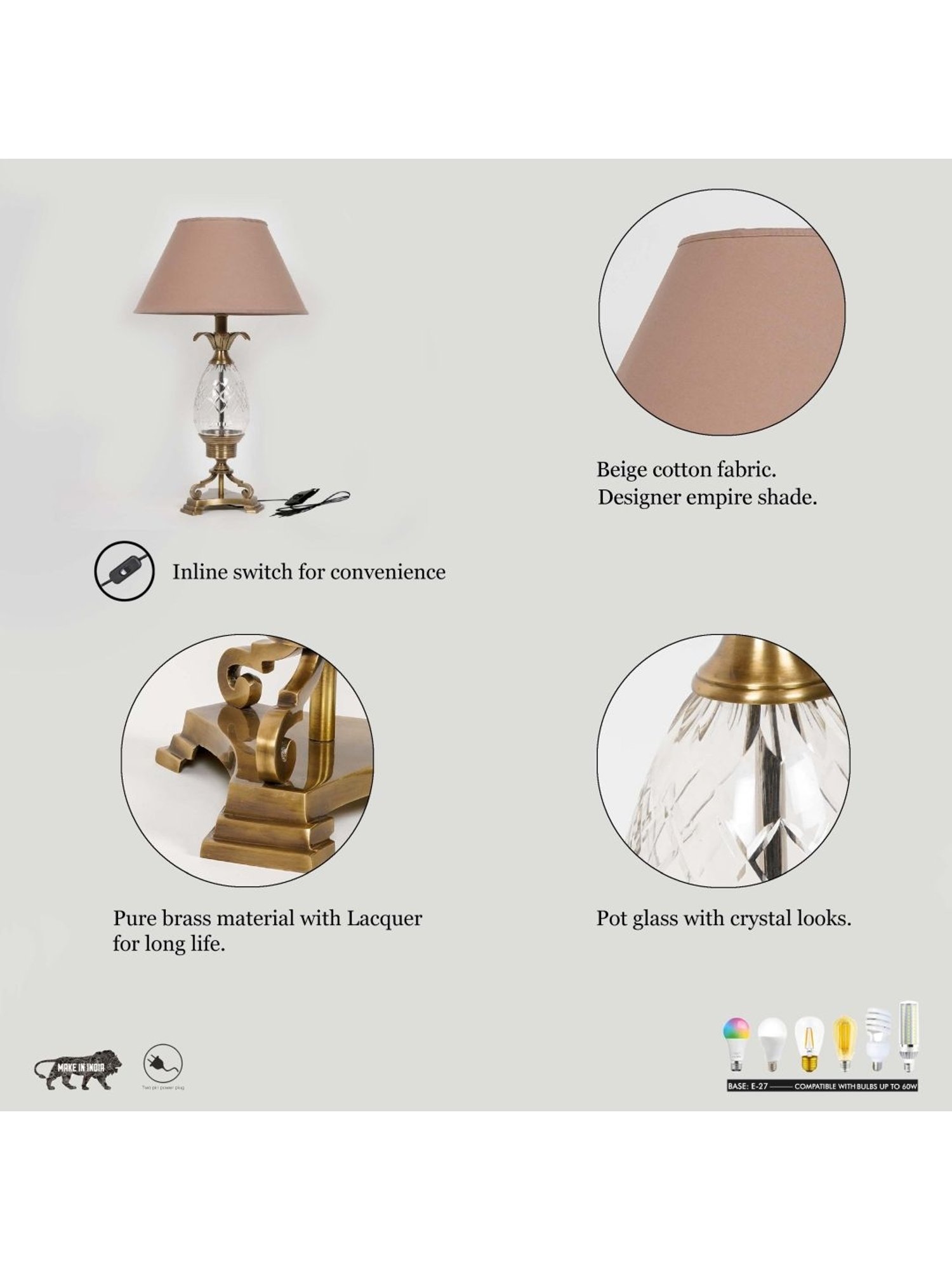 Kapoor Lamp Shades Brass Antique & Pink Brass Louise & Cotton Shade Table Lamp