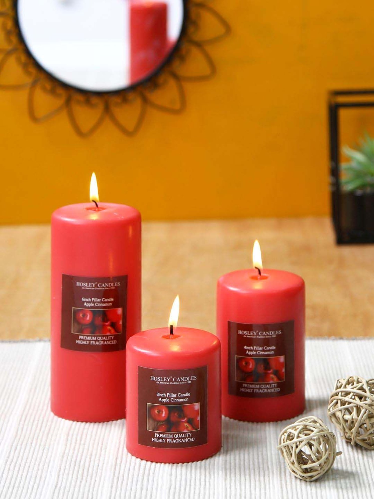 HOSLEY Red Wax Pillar Candle - Set of 3