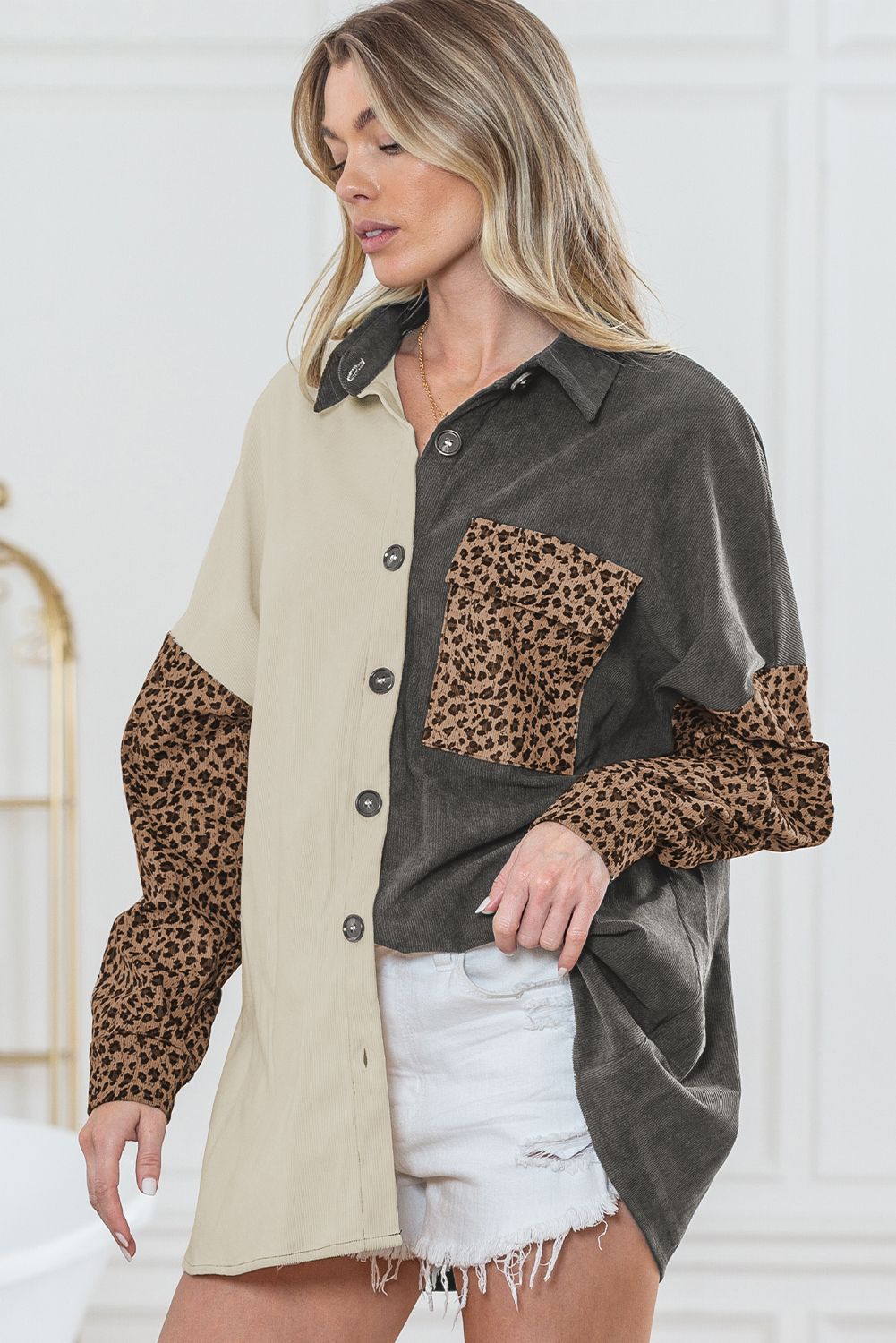 Gray Color Block Leopard Patchwork Casual Corduroy Shacket