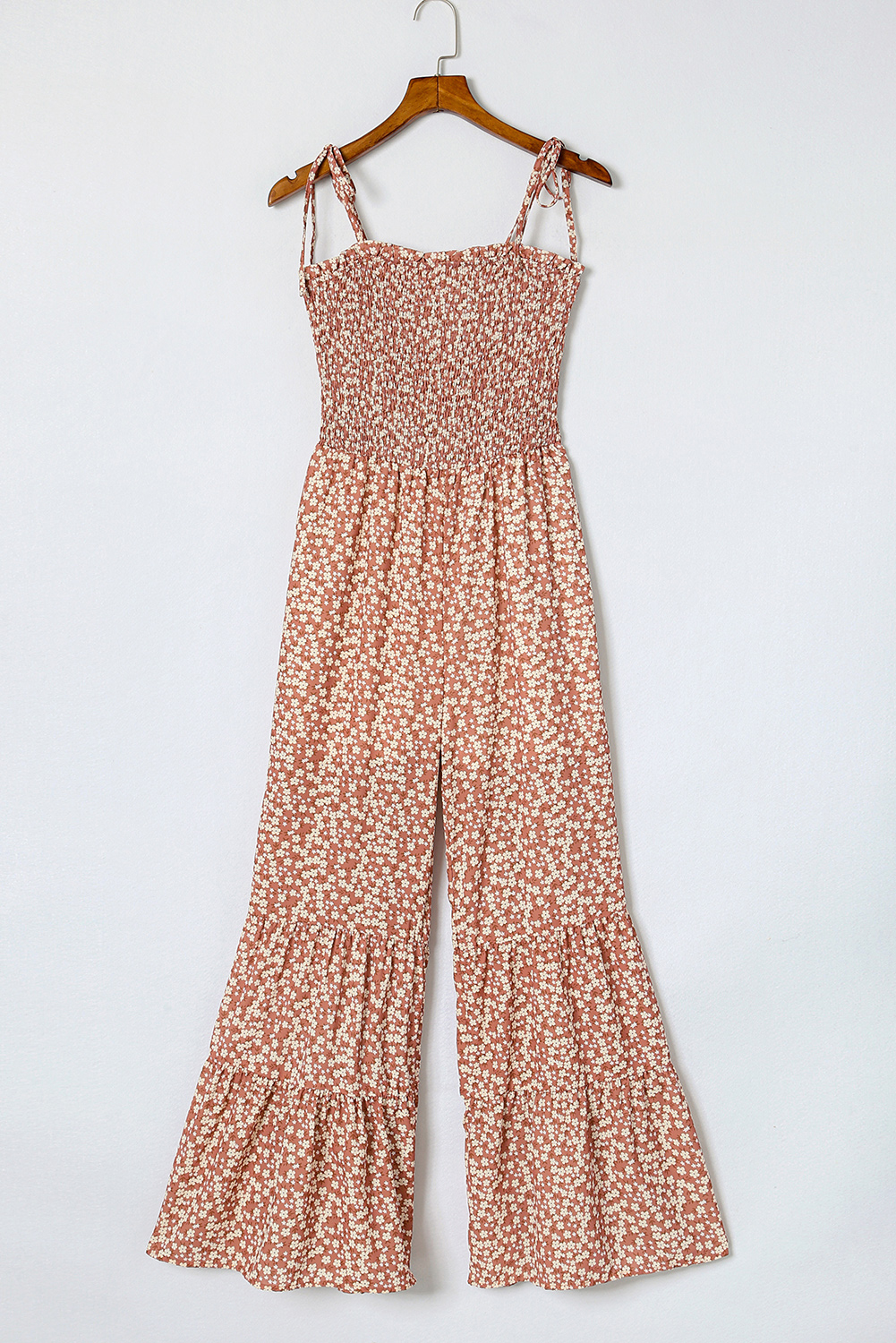 Rose Tan Solid Self Tied Straps Pleated Wide Leg Jumpsuit