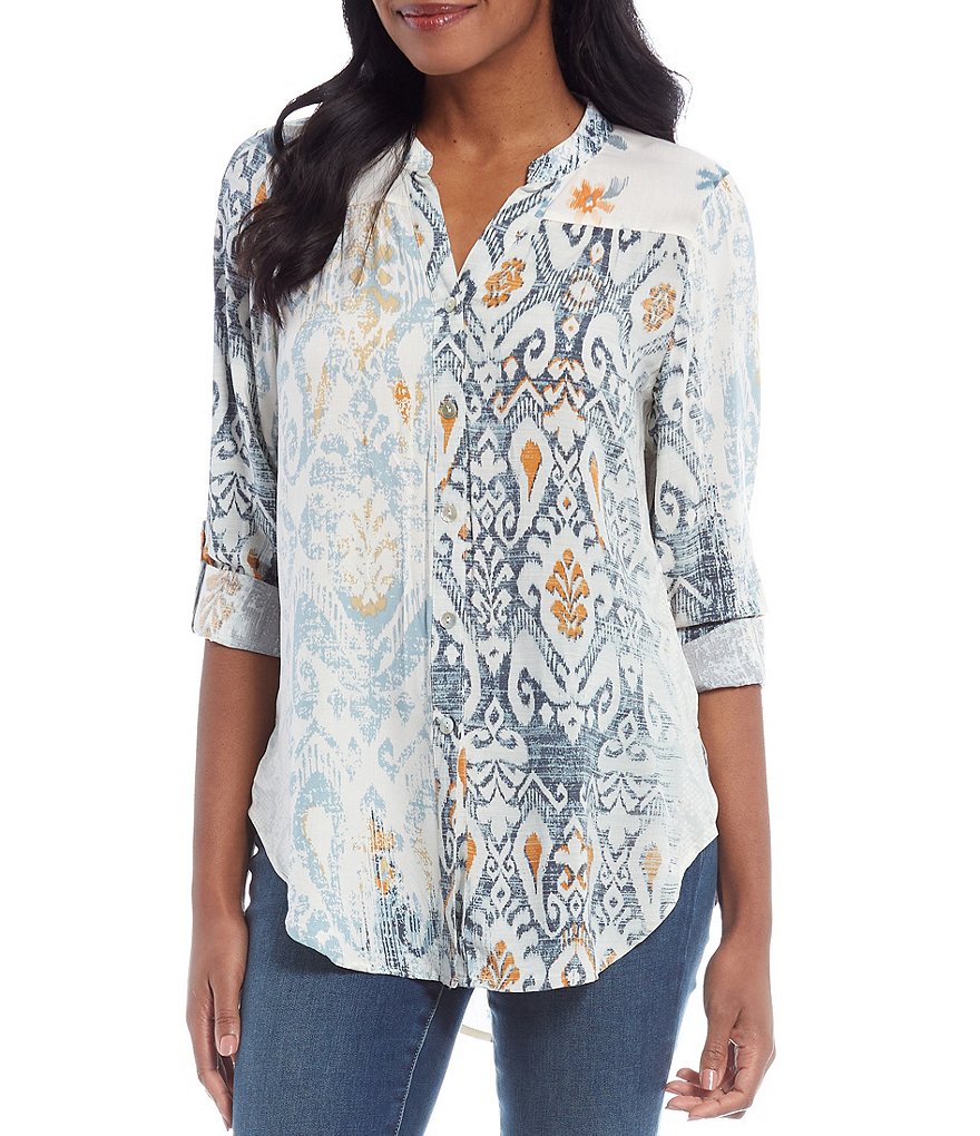 Figueroa & Flower Roxy Faded Print Roll-Tab Sleeve Tie Button Front Top