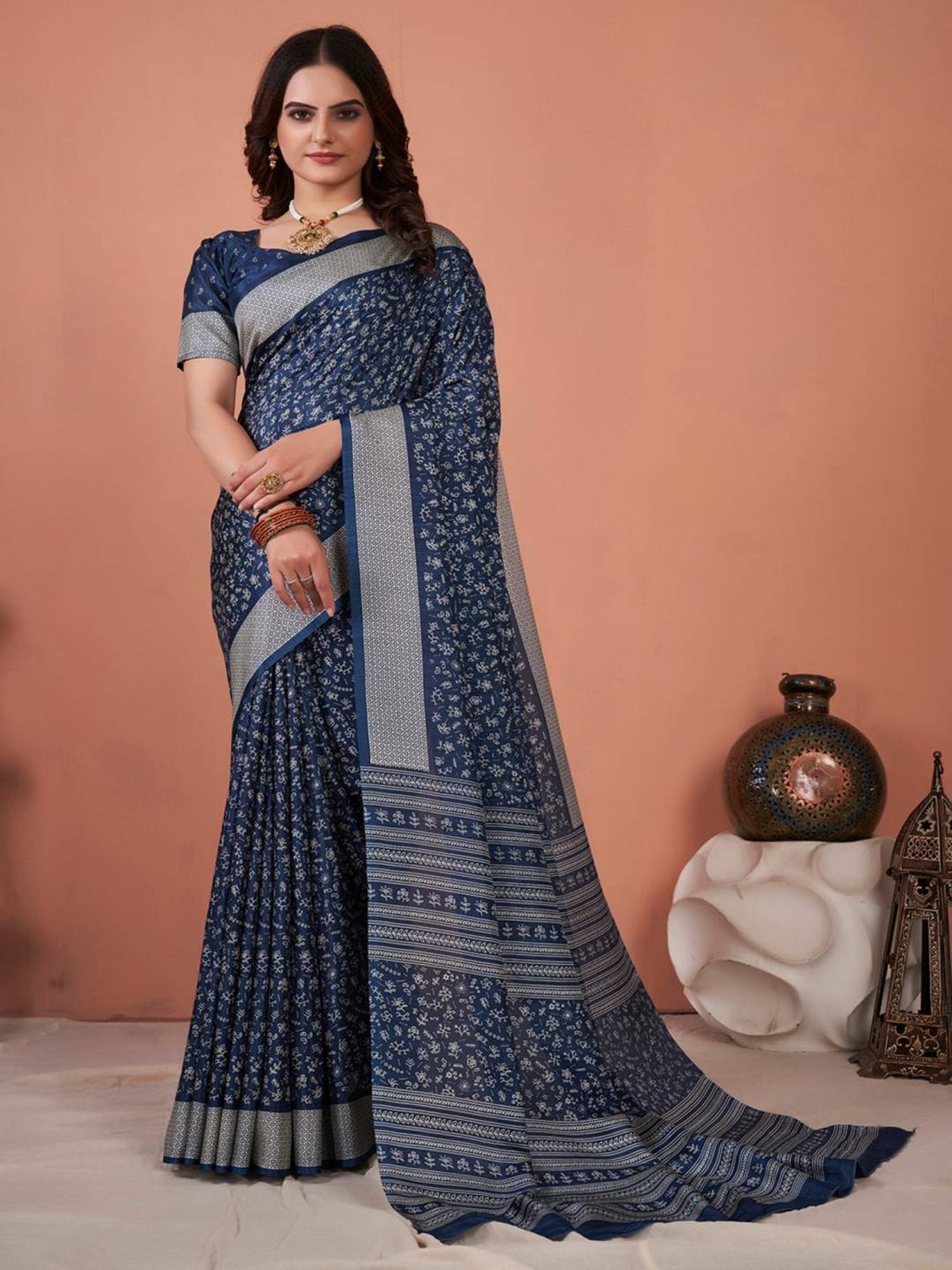 Saree Mall Navy Silk Printed Saree With Unstitched Blouse
