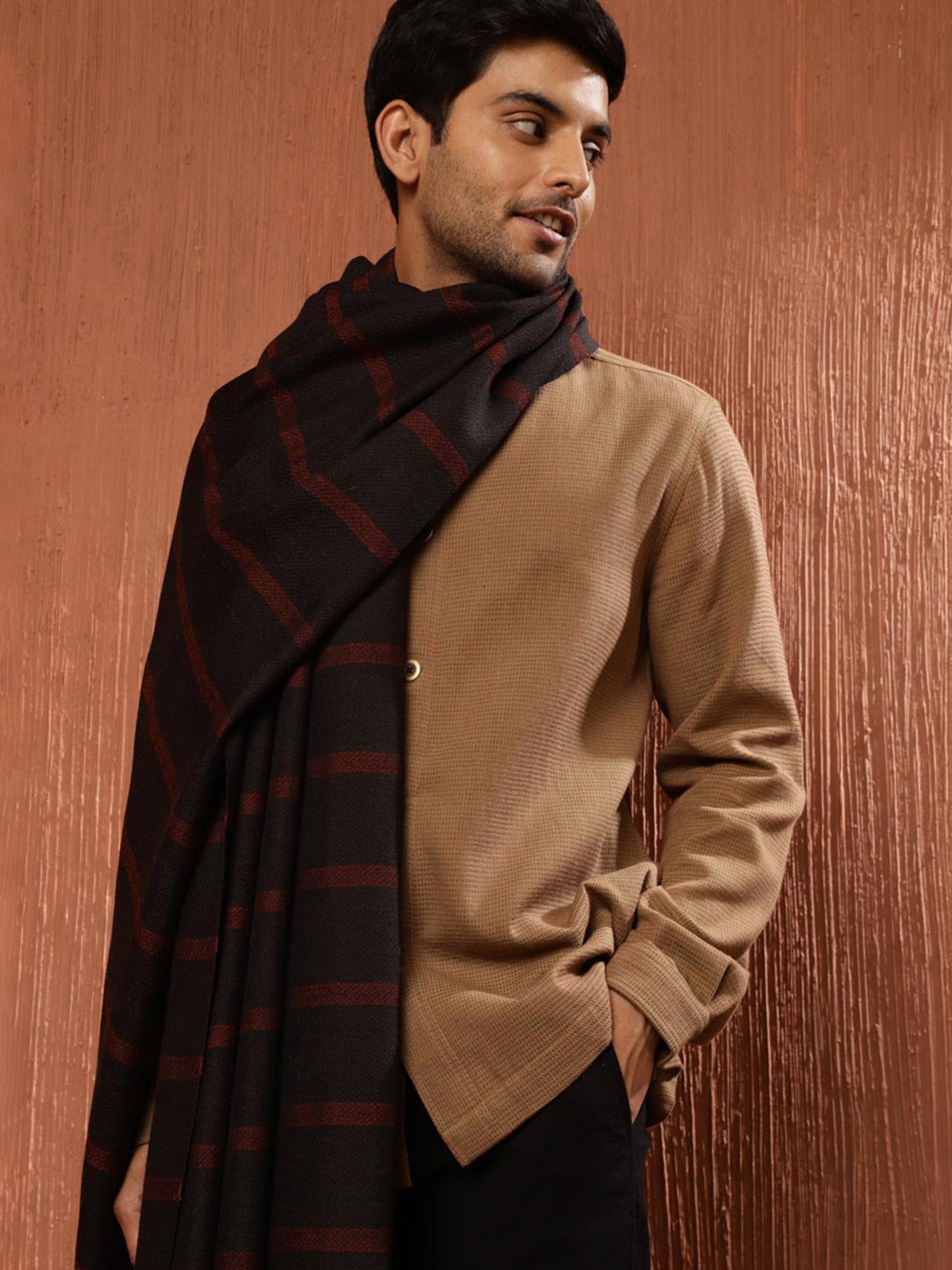Fabindia Dark Brown Striped Shawl