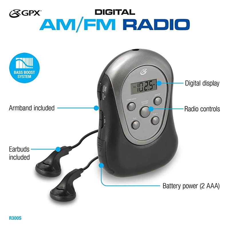 R300S Am/FM Armband Radio with Earbuds,Black