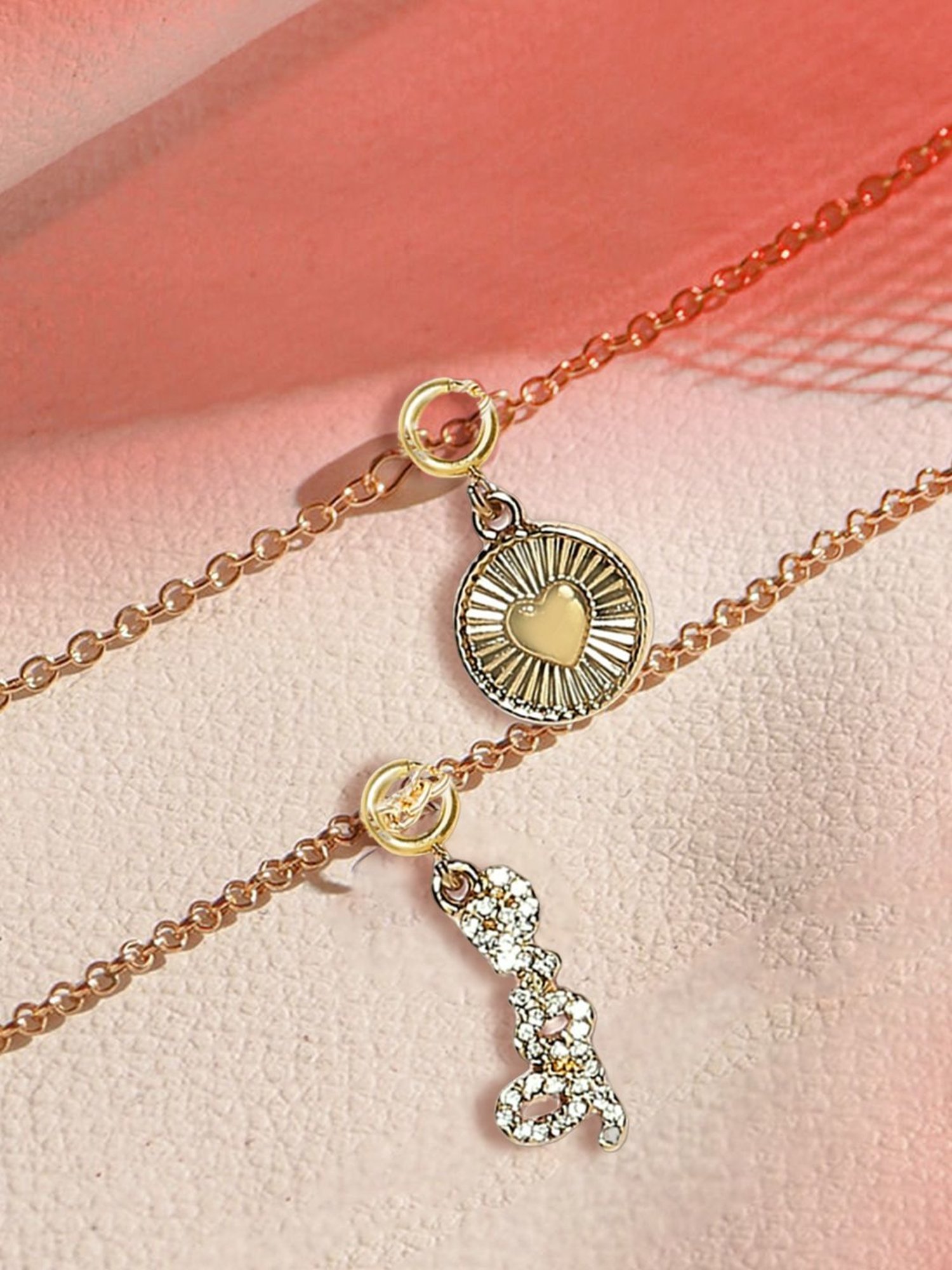 OOMPH Gold Tone Love & Heart Shape Charm Delicate Fashion Anklet Pack of 2