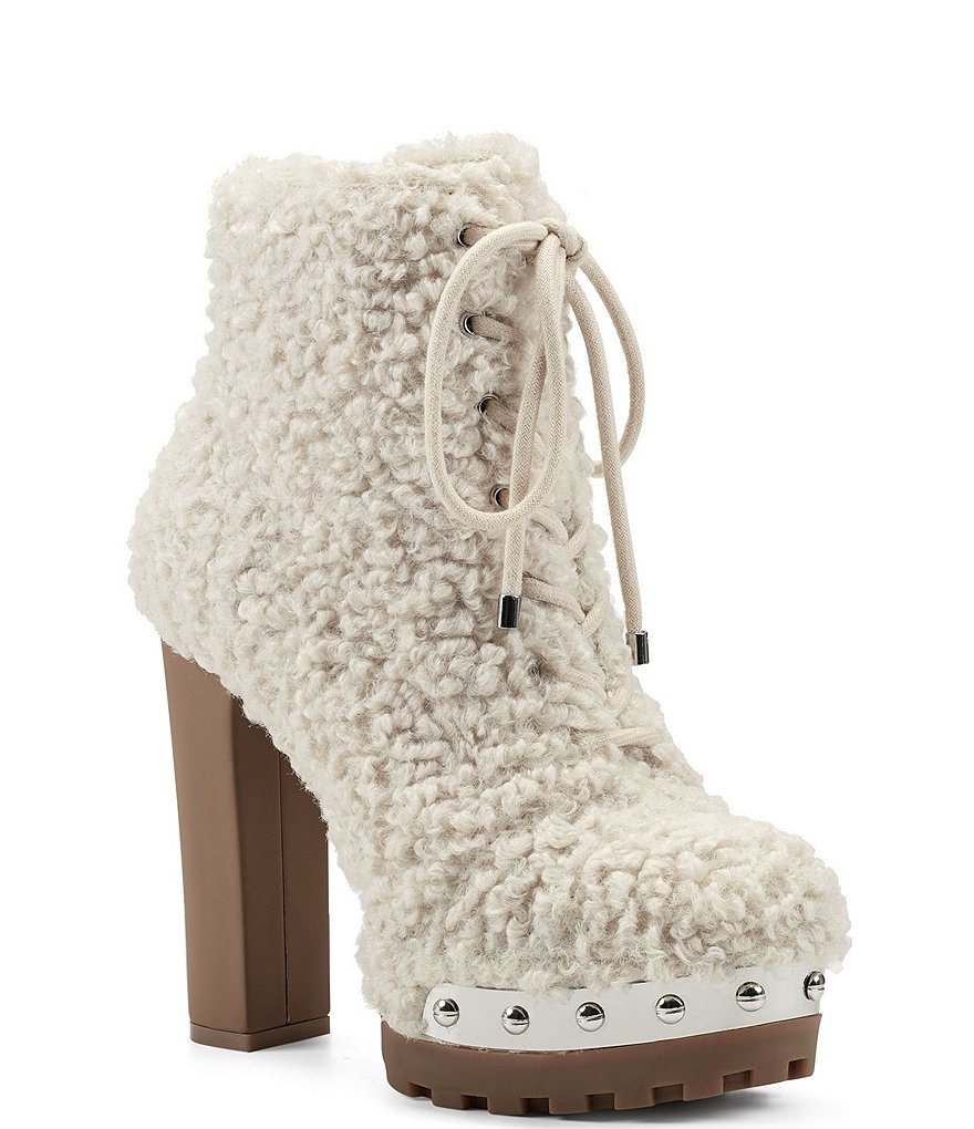 Jessica Simpson Irella Faux Shearling Studded Platform Lug Sole Hiker Booties